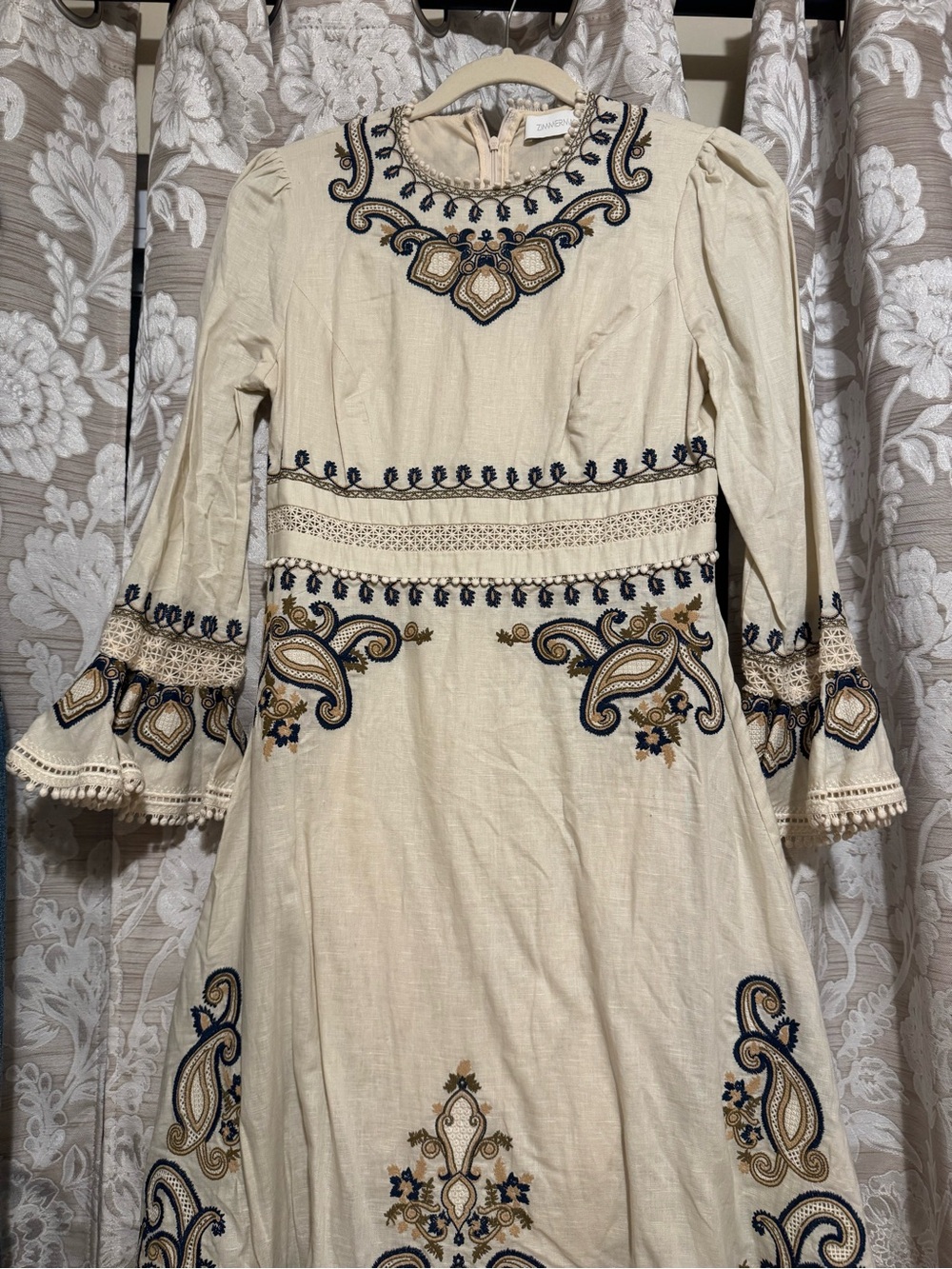 Zimmermann Cream Midi Dress with Navy Embroidered Detail Au size 2 - Picture 3 of 8